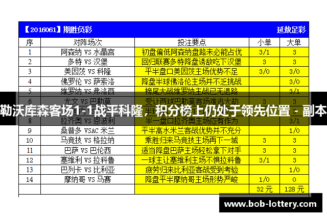 勒沃库森客场1-1战平科隆，积分榜上仍处于领先位置 - 副本